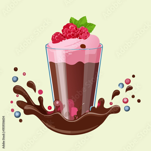Decadent chocolate smoothie with fresh raspberries and berry splashes for a vibrant and delicious fruit treat - Vector Illustration
