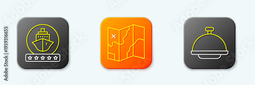 Set line Cruise ship, Folded map and Covered with tray icon. Vector