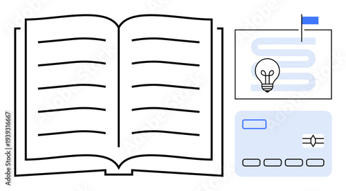 Education concept. Education visuals with an open book, lightbulb icon, and planning card. Education promoting learning, idea generation, and academic organization. For teaching, e-learning