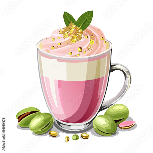 Healthy pink smoothie with whipped cream and pistachio nuts in a glass mug for a sweet treat - Vector Illustration