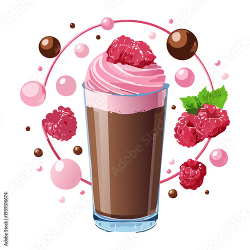 Layered chocolate raspberry dessert with fresh berries and cream in a glass for a sweet gourmet treat - Vector Illustration