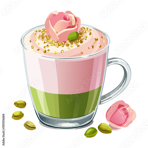 Refreshing pink rose latte with whipped cream and floral petals in a glass mug for a floral treat - Vector Illustration