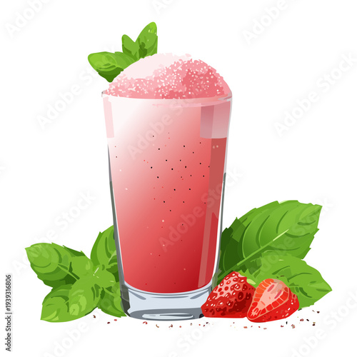Healthy strawberry smoothie with green leaves and fresh fruit slices in a glass for a nutritious snack - Vector Illustration