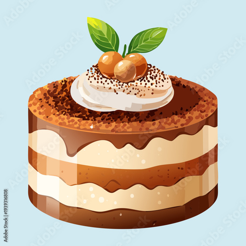 Classic tiramisu cake with cocoa powder dusting and fresh green leaves for an elegant and delicious dessert - Vector Illustration