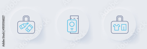 Set line Suitcase, Passport with ticket and icon. Vector