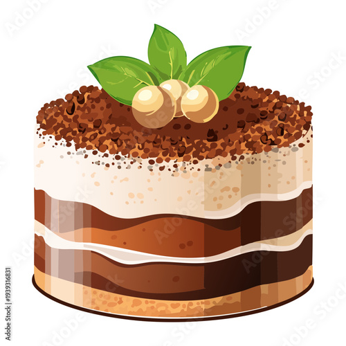 Gourmet layered tiramisu cake with coffee flavor and cocoa powder dusting for a delicious bakery dessert treat - Vector Illustration