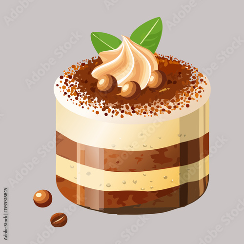 Delicious coffee tiramisu dessert with cocoa powder and coffee beans for a perfect sweet treat in cafe - Vector Illustration