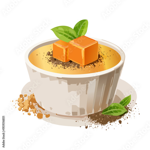 Gourmet caramel pudding in a glass bowl with cocoa powder dusting for a sweet and creamy dessert - Vector Illustration