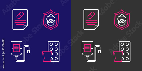 Set line Pills in blister pack, IV bag, Grandmother and Medical prescription icon. Vector