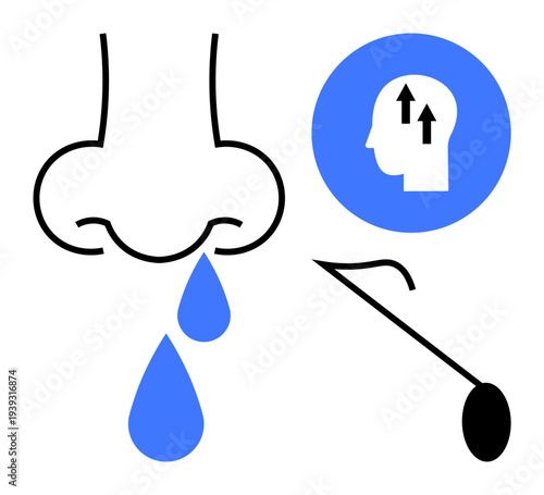 Nasal health. Depiction of a runny nose, respiratory health indicator, and a medical swab for diagnosis. Nasal health monitoring, medical tests, and respiratory care visuals. Useful for medical