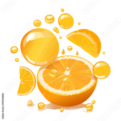 Vibrant orange fruit drink with citrus slices and water splashes for a bright and refreshing summer beverage - Vector Illustration