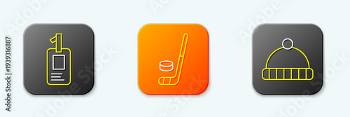 Set line Identification badge, Ice hockey stick and puck and Winter hat icon. Vector