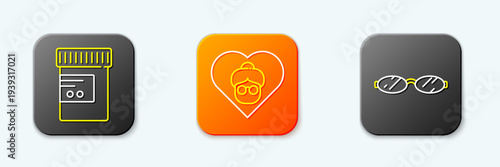 Set line Medicine bottle and pills, Grandmother and Eyeglasses icon. Vector