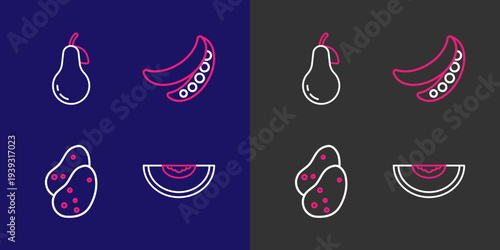 Set line Melon fruit, Potato, Green peas and Pear icon. Vector