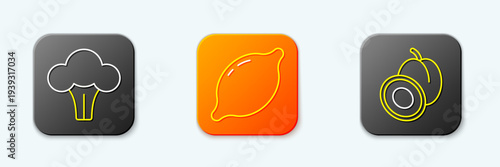 Set line Broccoli, Lemon and Plum fruit icon. Vector