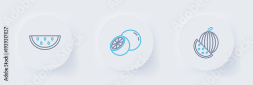 Set line Watermelon, Orange fruit and icon. Vector