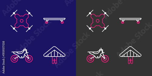 Set line Hang glider, Mountain bike, Longboard or skateboard and Drone flying icon. Vector