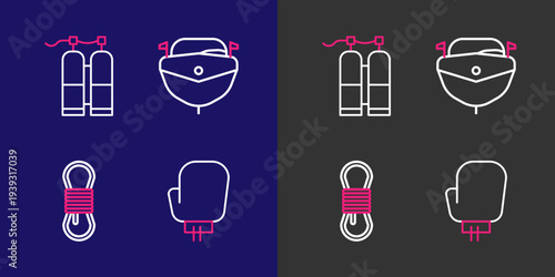 Set line Boxing glove, Climber rope, Speedboat and Aqualung icon. Vector