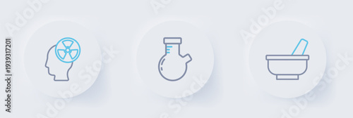 Set line Mortar and pestle, Test tube flask and Head radiation symbol icon. Vector