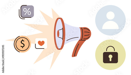 Marketing strategy, communication, advertising, security, customer engagement, digital marketing. Megaphone with icons for percentage, money heart. Marketing strategy and communication concept
