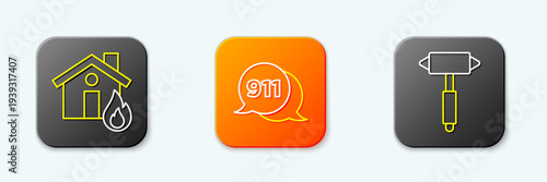 Set line Fire in burning house, Telephone call 911 and Firefighter axe icon. Vector