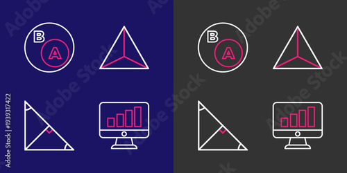 Set line Computer monitor with graph chart, Angle bisector of triangle, Geometric figure Tetrahedron and Subsets, math, subset icon. Vector