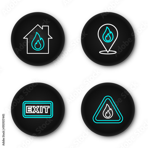 Set line Fire flame in triangle, exit, Location with fire and burning house icon. Vector