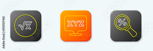 Set line Square root of x glyph, XYZ Coordinate system and Magnifying glass with percent icon. Vector