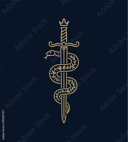 Elegant Gold Line Art Of A Serpent Entwined Around A Sword Minimalist Mystical Tattoo Design On Black Background