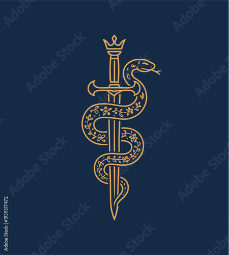 Elegant Gold Line Art Of A Serpent Entwined Around A Sword Minimalist Mystical Tattoo Design On Dark Blue Background