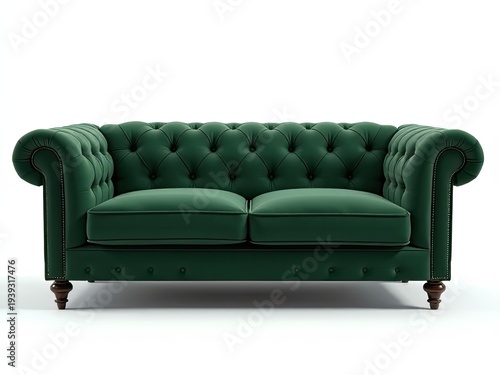 A modern interior design element with a comfortable green couch sitting on a clean and minimalist white floor