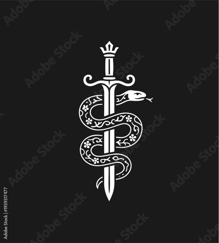 High Contrast Black And White Line Art Of A Serpent Entwined Around A Sword Minimalist Esoteric Emblem