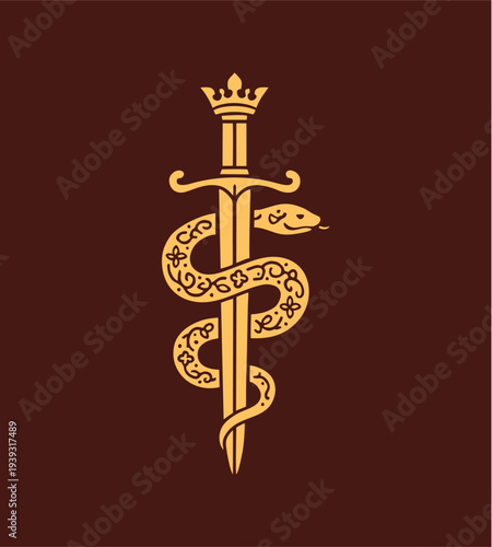 Elegant Gold Line Art Of A Snake Wrapped Around A Sword Mystical Tattoo Design On Dark Red Background