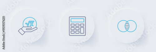 Set line Mathematics sets A and B, Calculator and Square root of x glyph icon. Vector