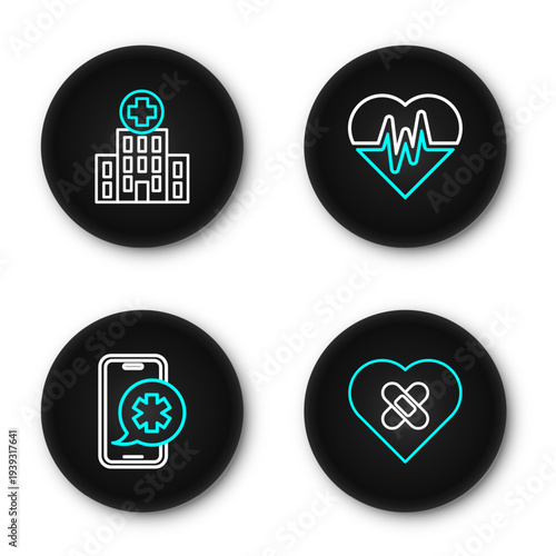 Set line Healed broken heart, Emergency phone call, Heart rate and Medical hospital building icon. Vector