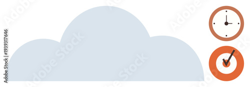 Time management, cloud computing, productivity, task tracking, deadline performance, workflow optimization. A cloud shape with a clock and checkmark icon. Time management and productivity concept