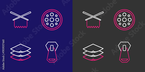 Set line Zipper, Layers clothing textile, Sewing button and Knitting needles icon. Vector