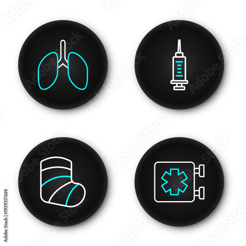 Set line Medical symbol of the Emergency, Gypsum, Syringe and Lungs icon. Vector