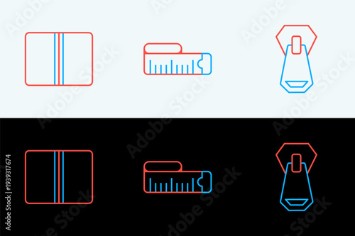 Set line Zipper, Textile fabric roll and Tape measure icon. Vector