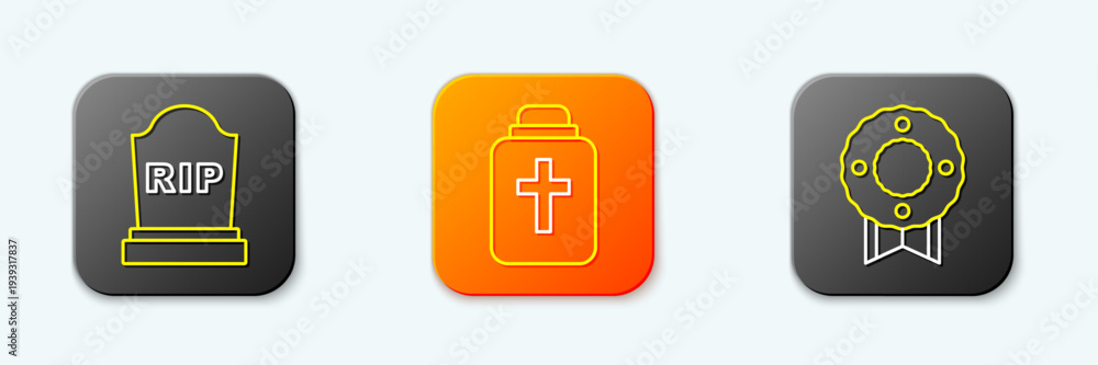 Obraz premium Set line Tombstone with RIP written, Funeral urn and Memorial wreath icon. Vector