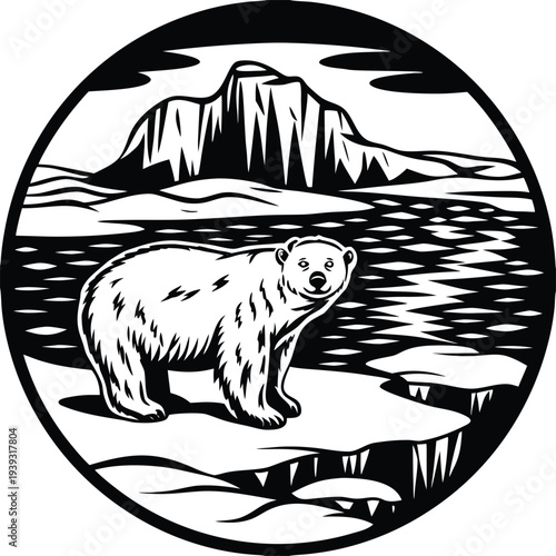 Vector illustration of a polar bear on ice floe with mountain landscape