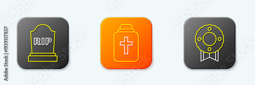 Set line Tombstone with RIP written, Funeral urn and Memorial wreath icon. Vector