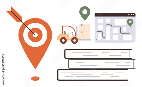 Logistics, supply chain management, delivery services, education, navigation, process optimization. Target marker, forklift books and map icons. Logistics and supply chain management visuals