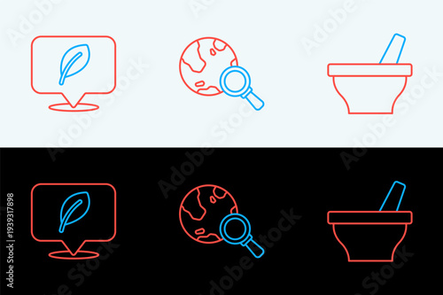 Set line Mortar and pestle, Location with leaf and Magnifying glass globe icon. Vector