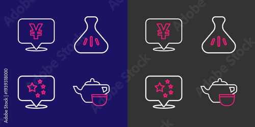 Set line Chinese tea ceremony, China flag, Dumpling and Yuan currency icon. Vector