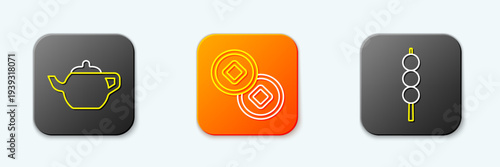 Set line Chinese tea ceremony, Yuan currency and Meatballs wooden stick icon. Vector