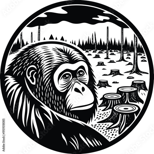 Black and white gorilla icon in forest with deforestation
