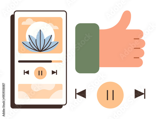 Music apps, user interaction, media controls, audio streaming, user feedback, digital experience. Smartphone screen with media controls and a thumbs-up icon. Music apps and media controls concept