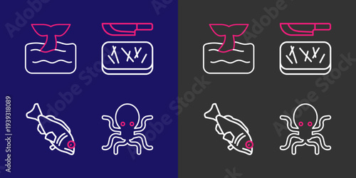 Set line Octopus, Fish, Cutting board and knife and Whale tail ocean wave icon. Vector