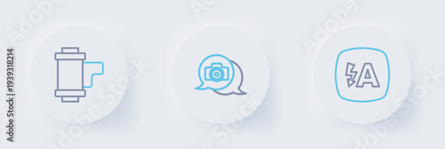 Set line Auto flash, Photo camera and Camera roll cartridge icon. Vector